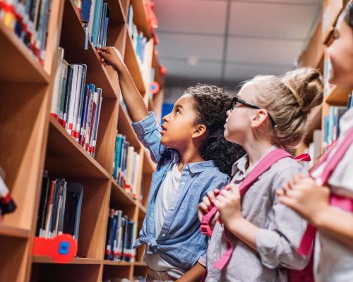 beautiful little schoolgirls looking for books in library